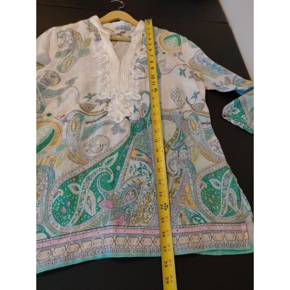 Charter Club Luxury Womens M Tunic Top 100% Linen Paisley Embellished Resort - Picture 13 of 14